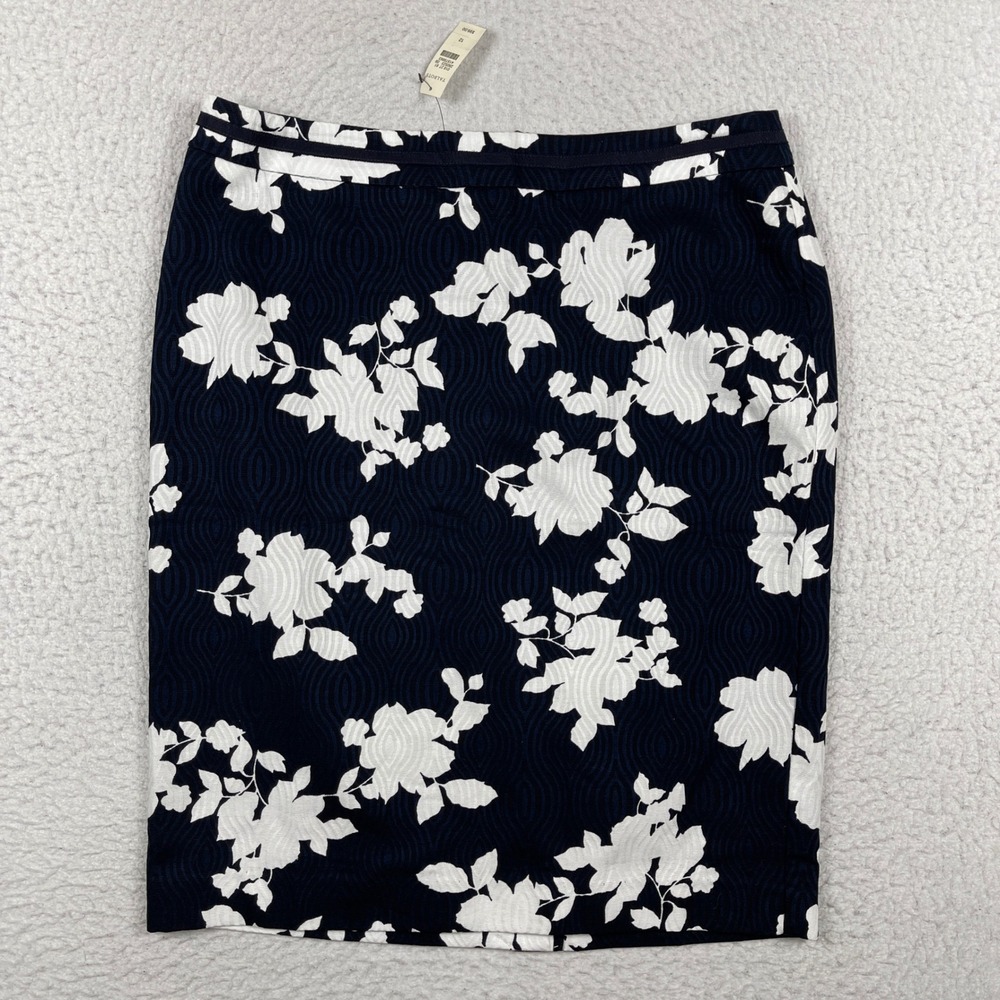 Talbots Pencil Skirt Womens 12 Navy White Floral Jacquard Lined Professional NEW